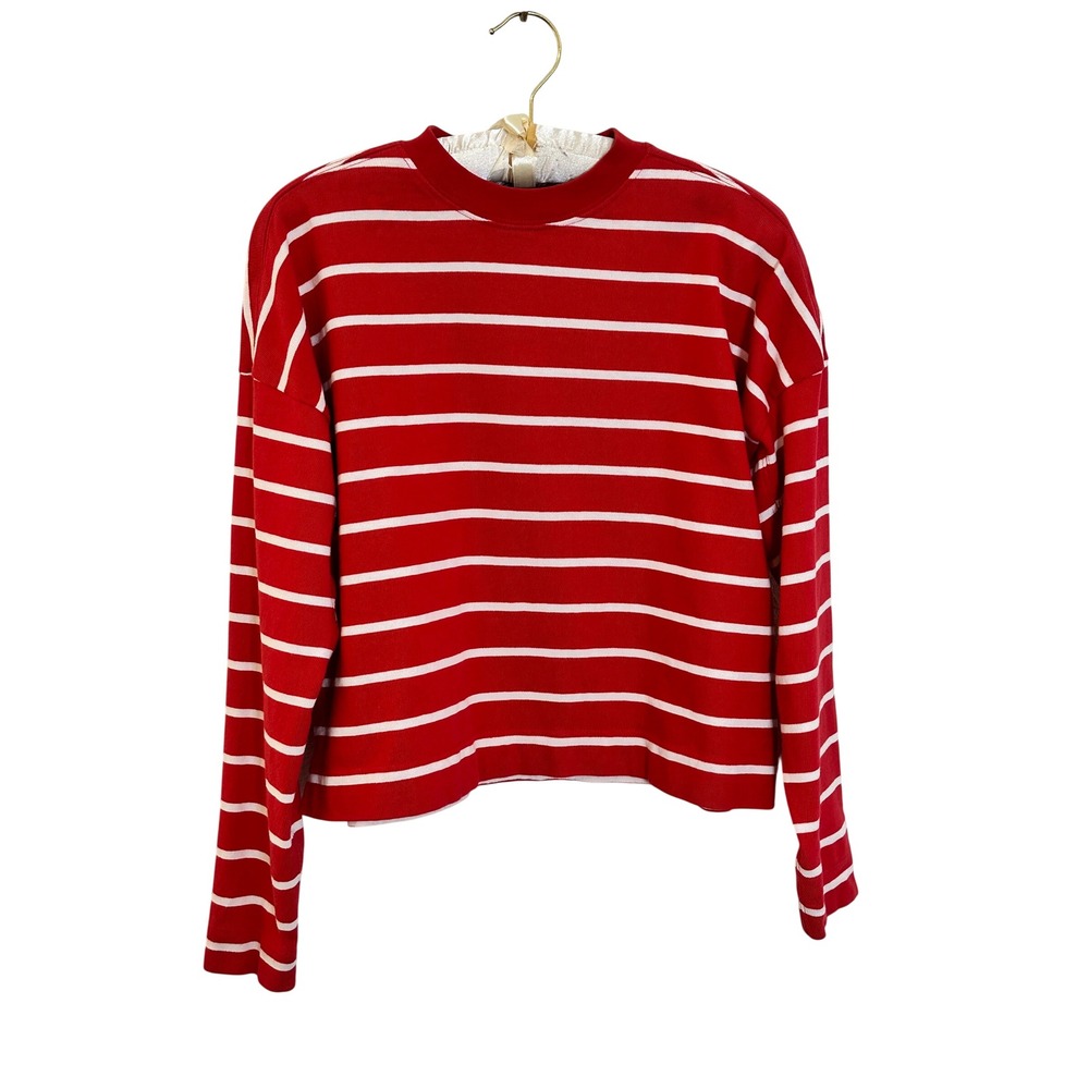 AYR Striped Long Sleeve Cropped T Shirt Size XS Red White Cotton Made in Peru